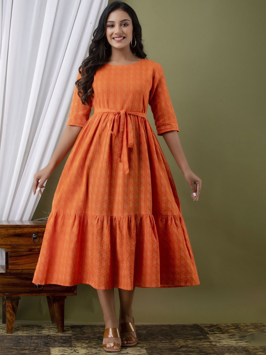 

Demirner Striped Round Neck Fit and Flare Ethnic Dress, Orange