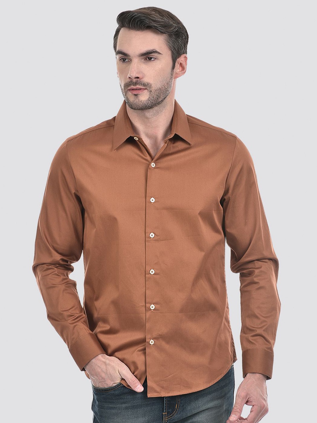

Numero Uno Men Slim Fit Spread Collar Solid Cotton Casual Shirt, Rust