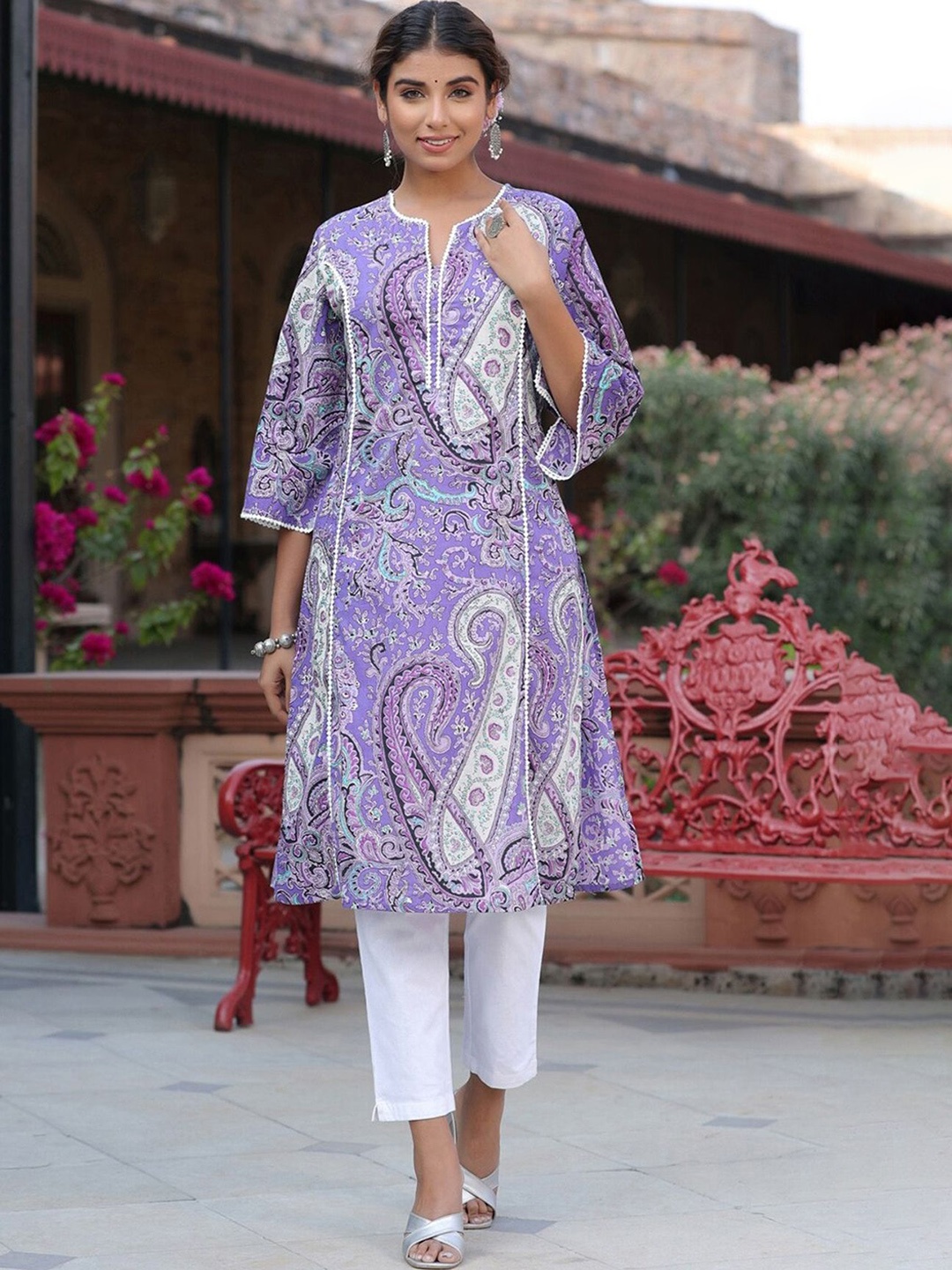 

Royal Export Paisley Printed Notch Neck Straight Kurta, Purple