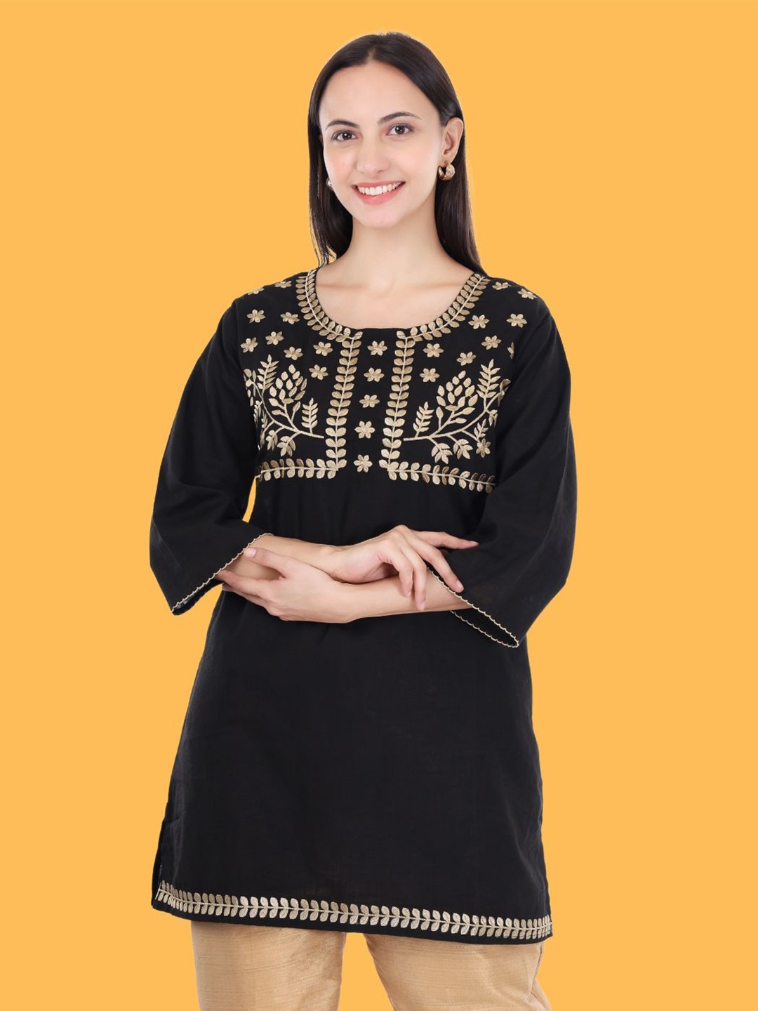 

Moda Rapido Floral Embroidered Flared Sleeves Thread Work Pure Cotton Thread Work Kurti, Black