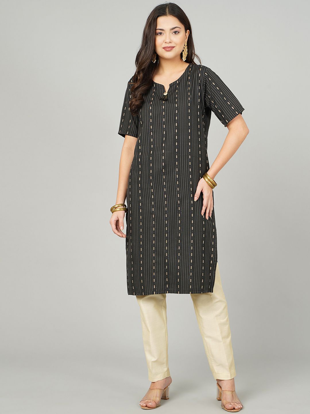 

Anushil Woven Design V-Neck Straight Kurtas, Black