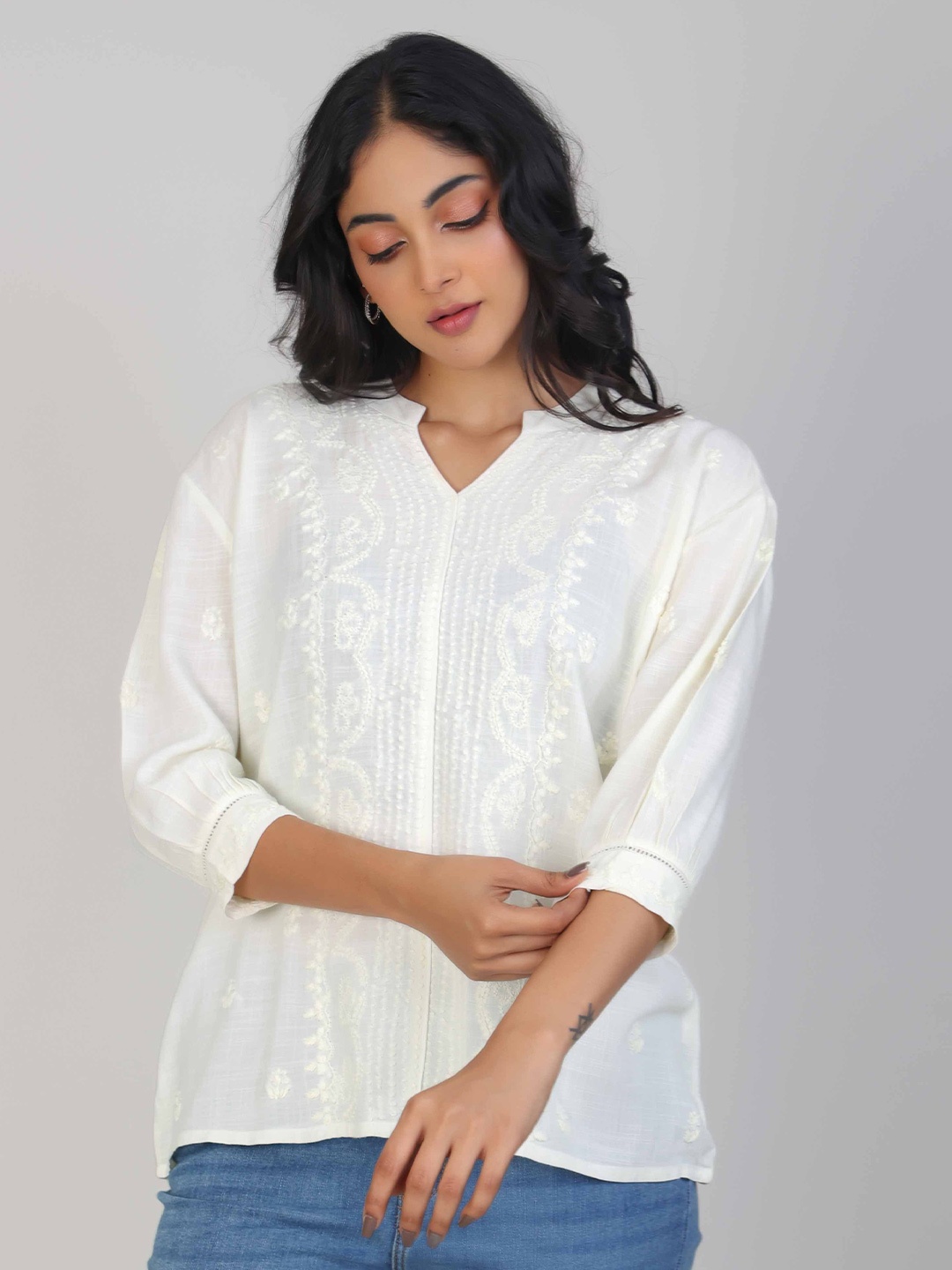 

Hassu's Embroidered Mandarin Collar Puff Sleeve Top, White