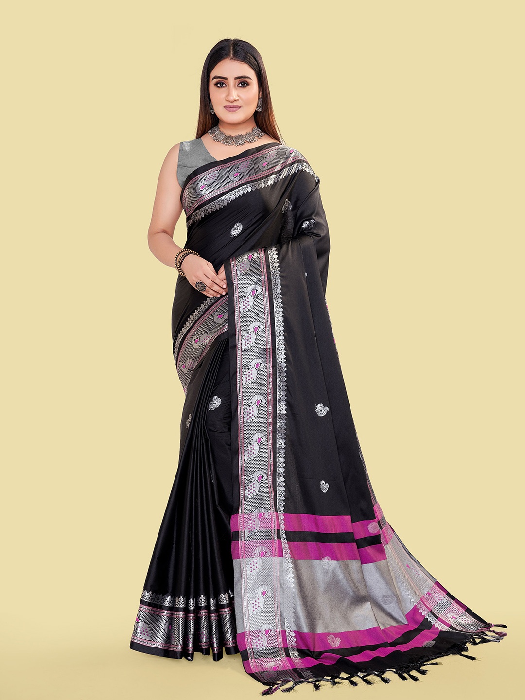 

bansari textiles Woven Design Zari Paithani Saree, Black