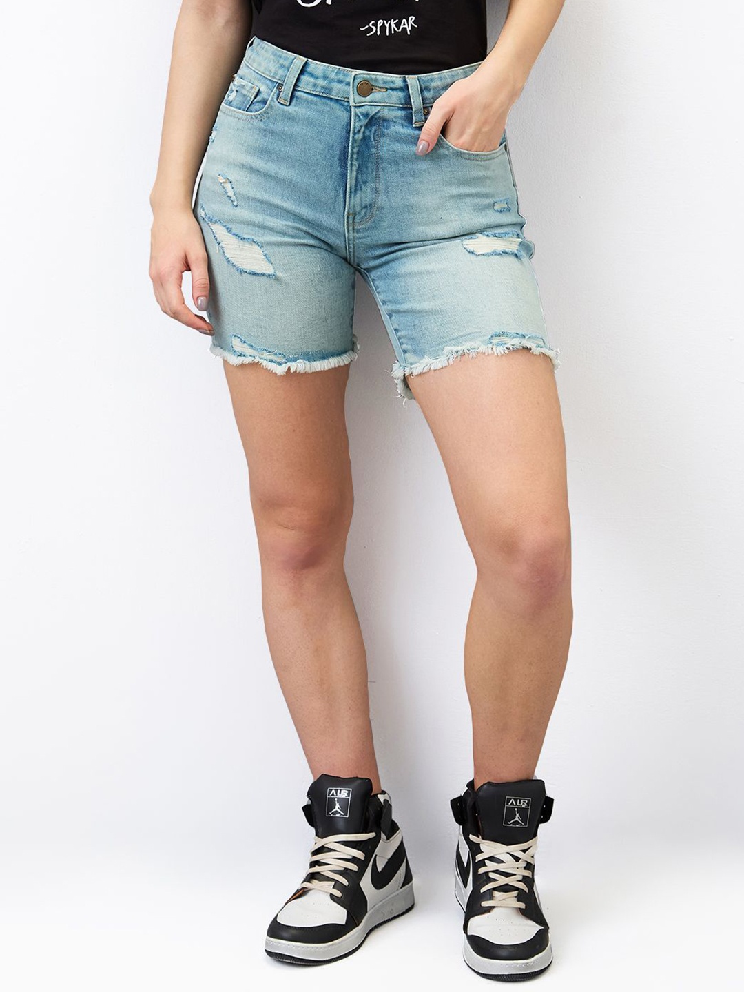 

SPYKAR Women Cotton Washed Mid-Rise Distressed Denim Shorts, Blue