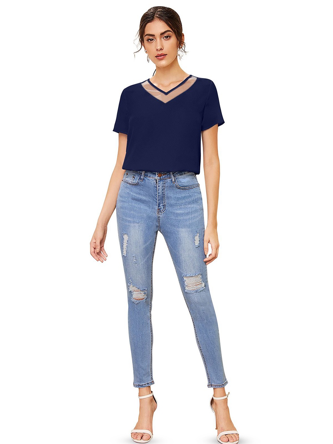

SHOPONBIT Women V-Neck Short Sleeves Top, Blue