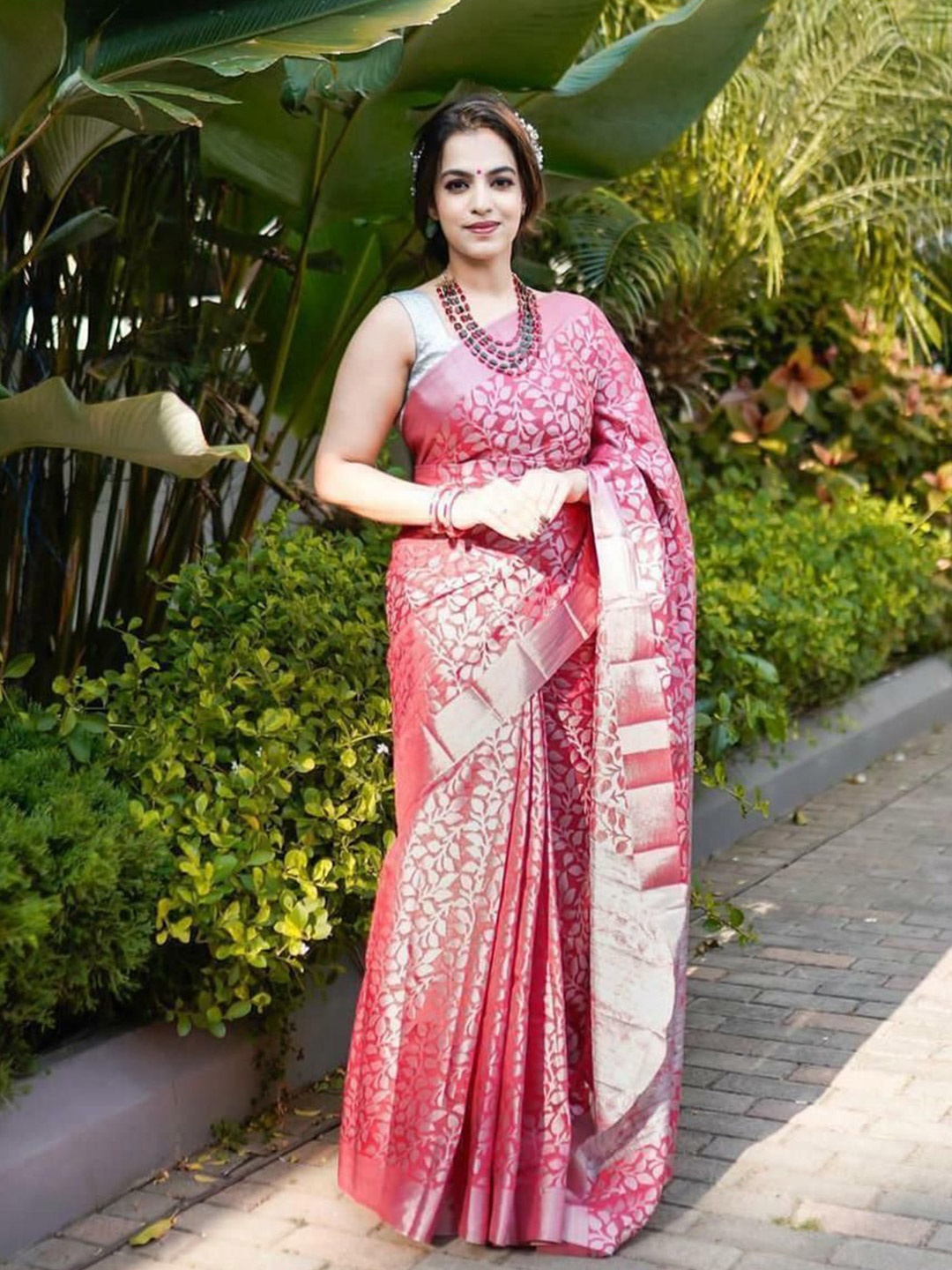 

bansari textiles Woven Design Zari Banarasi Saree, Pink