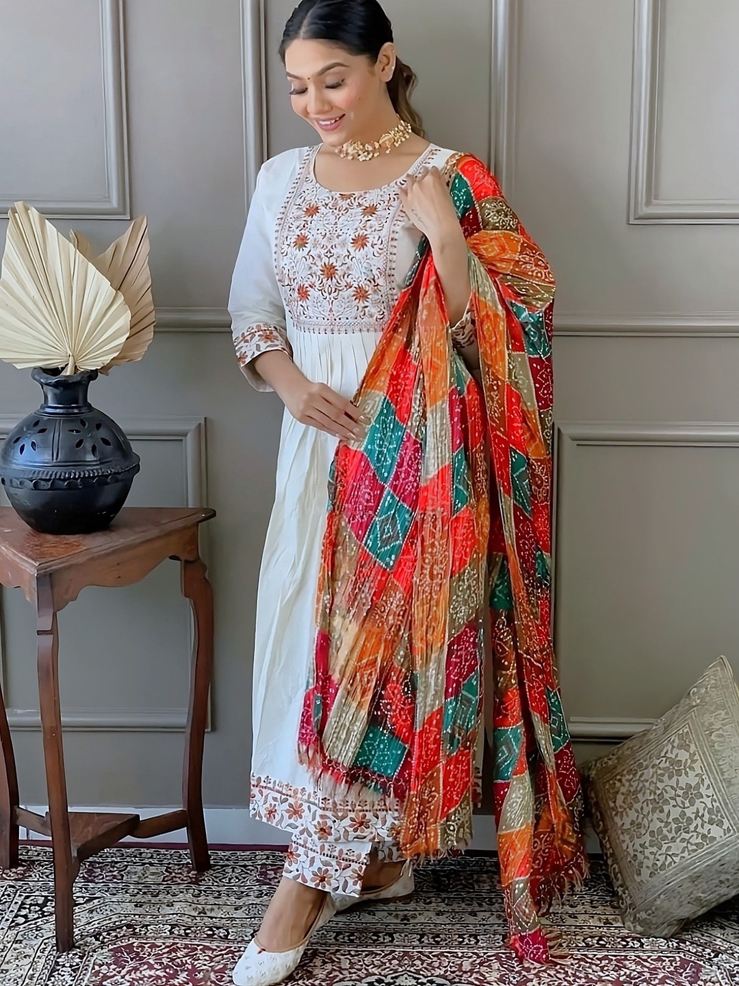 

Moda Rapido Floral Yoke Design Straight Kurta With Trousers And Dupatta, White