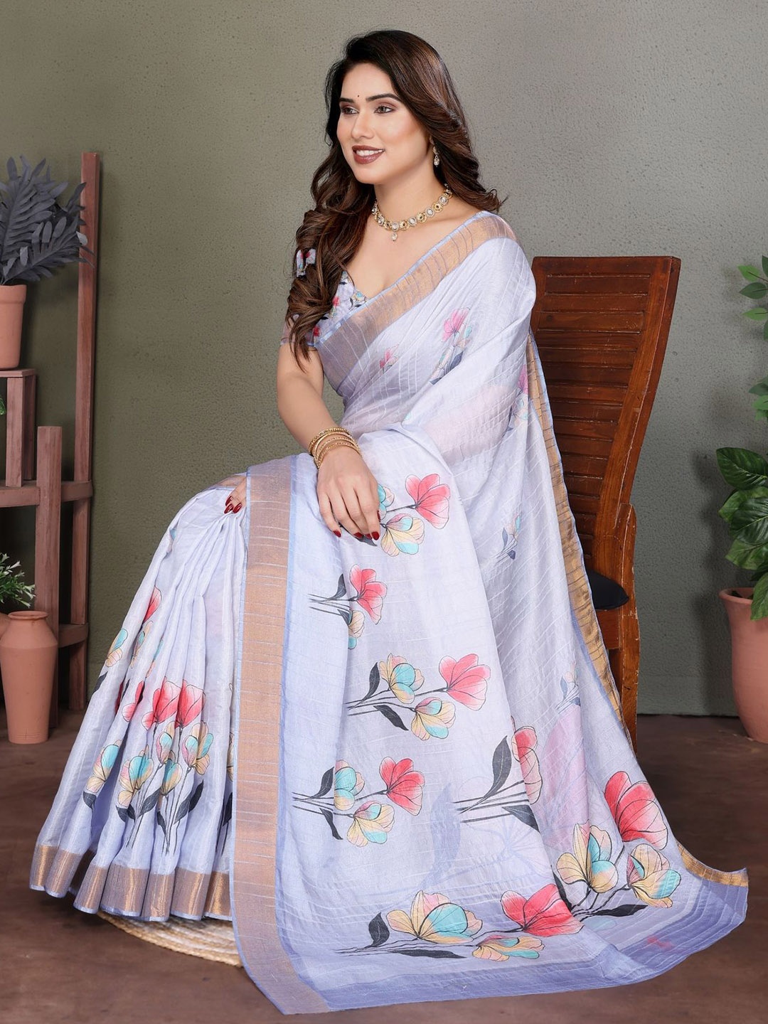 

vj fashion Floral Zari Linen Blend Saree, Lavender