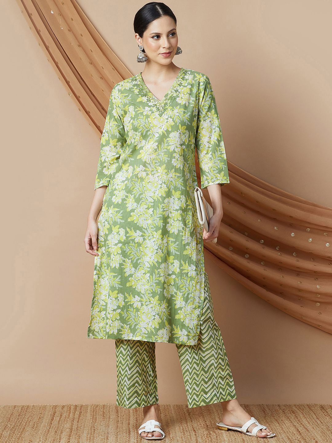 

Melange by Lifestyle Floral Printed V-Neck Thread Work Pure Cotton Kurta With Trouser, Green