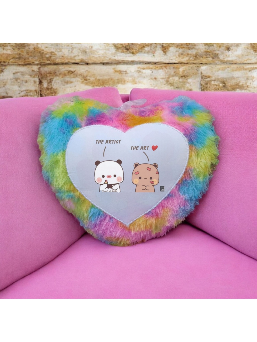 

Anikmart White & Pink Bubu Dudu Printed Pre-Filled Heart Shaped Cushion