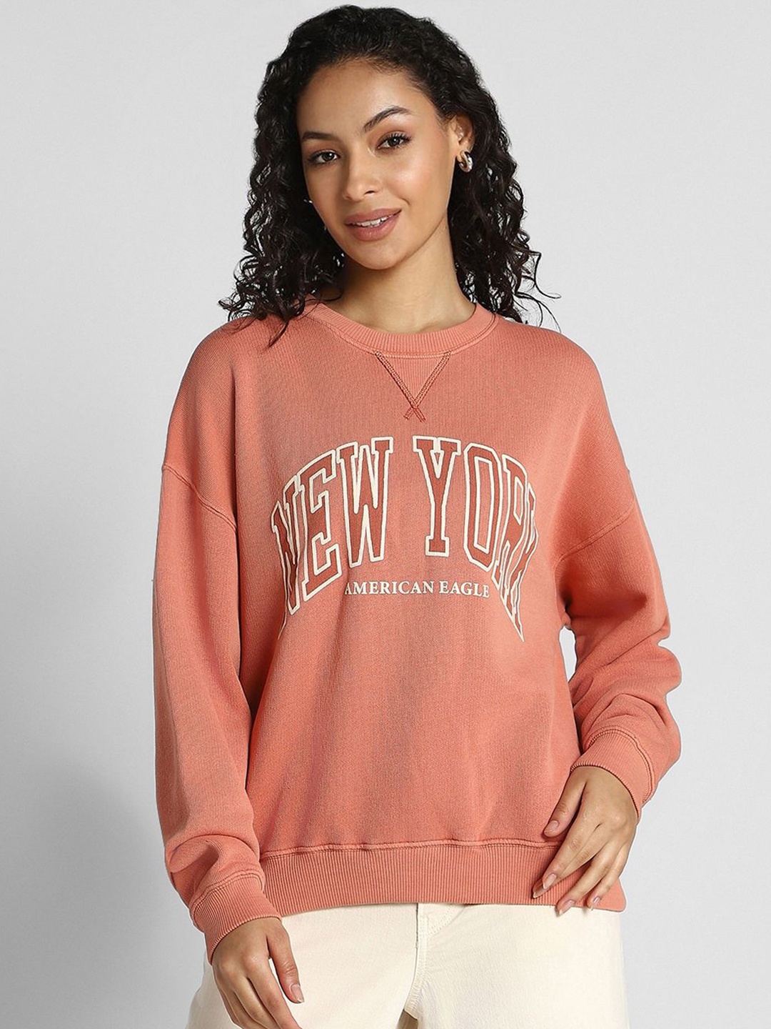 

AMERICAN EAGLE OUTFITTERS Women Printed Round Neck Sweatshirt, Peach