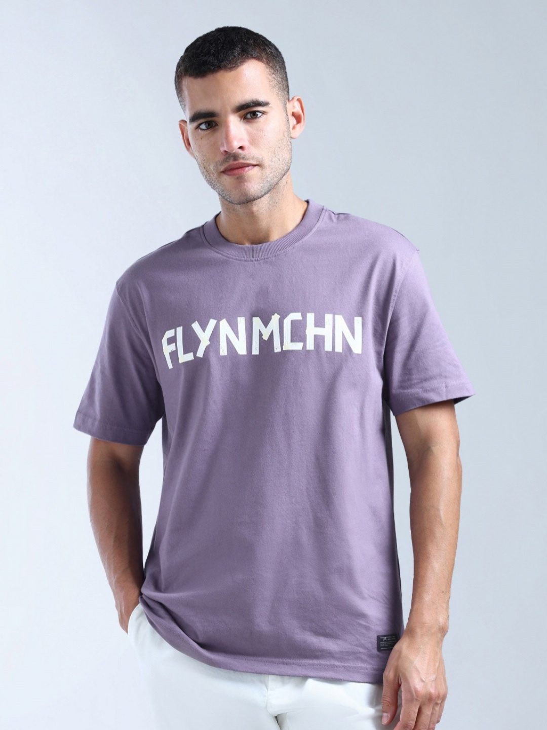

Flying Machine Men Brand Logo Printed Raw Edge T-shirt, Purple