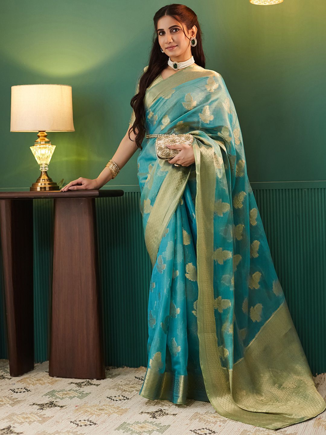 

Satrani Ethnic Motifs Zari Woven Design Tissue Saree, Blue