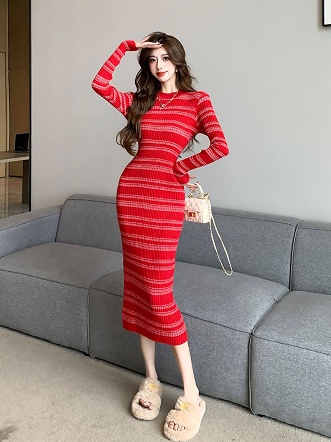 

StyleCast x Revolte Striped Bodycon Midi Dress, Red