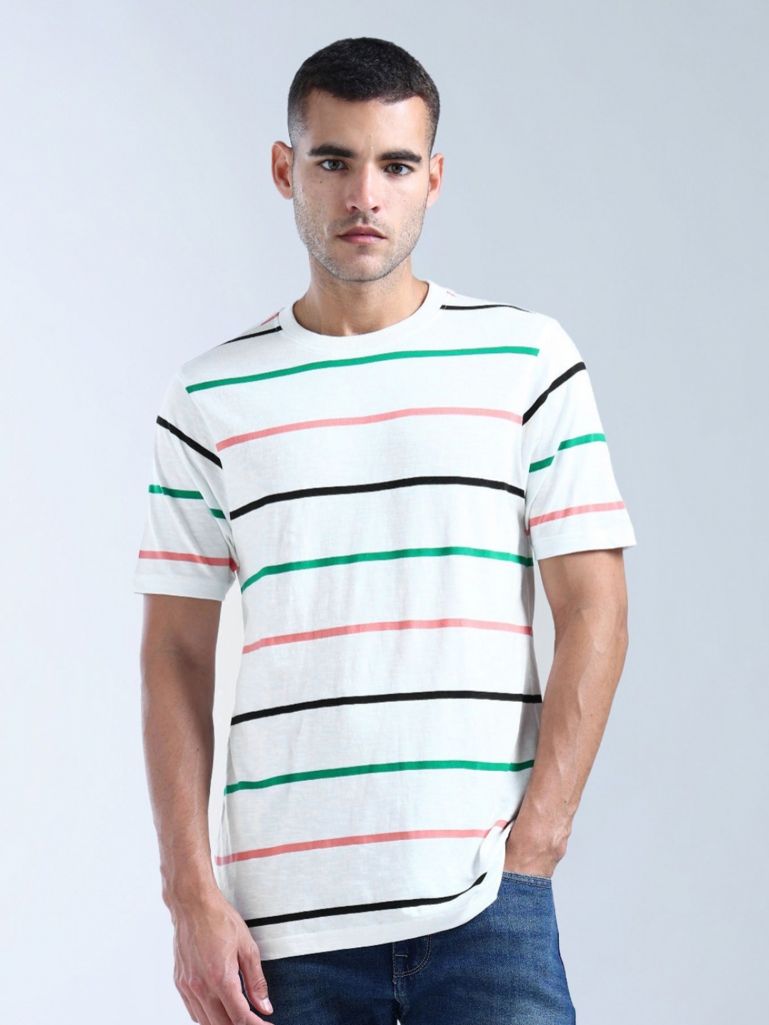 

Flying Machine Men Brand Logo Striped Pockets T-shirt, White