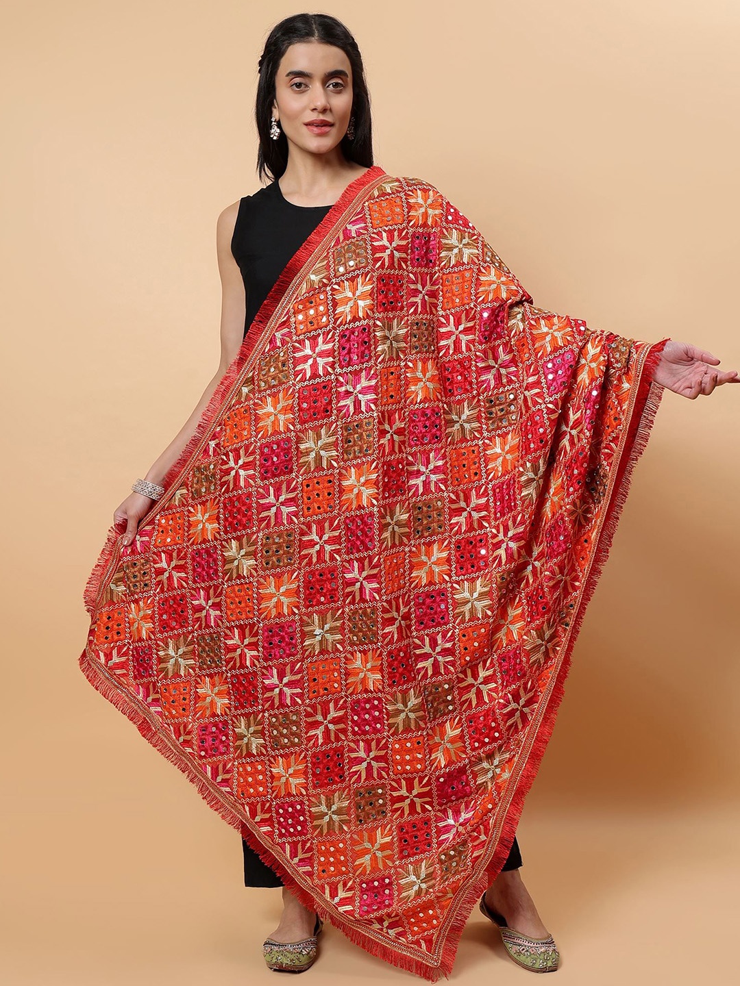 

Moda Chales Phulkari Embroidered Dupatta With Mirror Work, Red