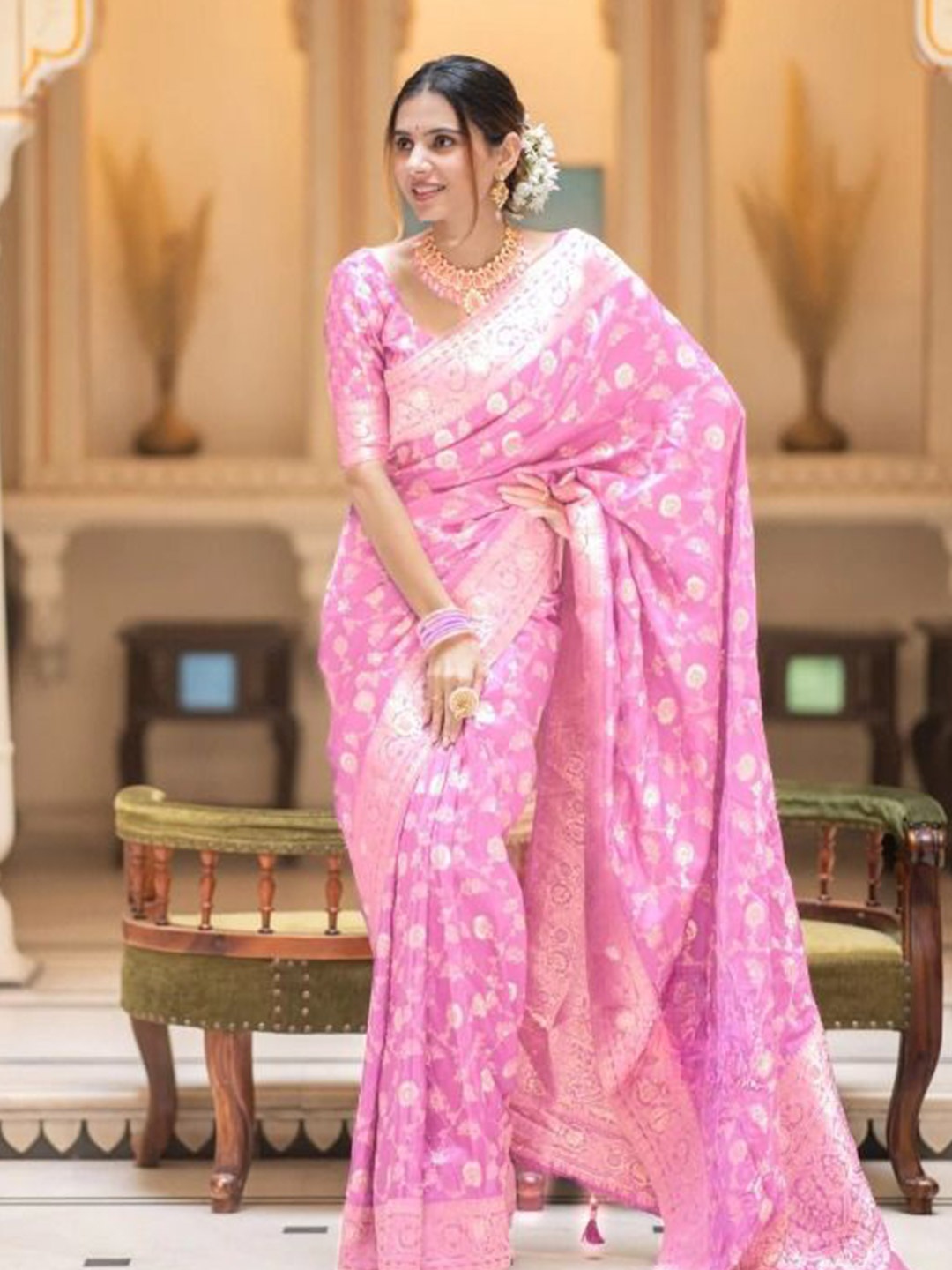 

bansari textiles Woven Design Zari Pure Cotton Patola Saree, Pink