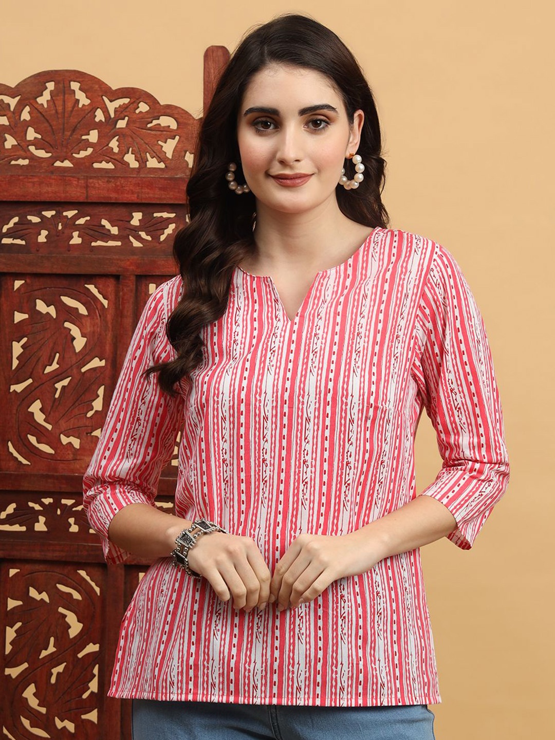 

Anouk Rustic Printed Striped Pure Cotton Kurti, Pink