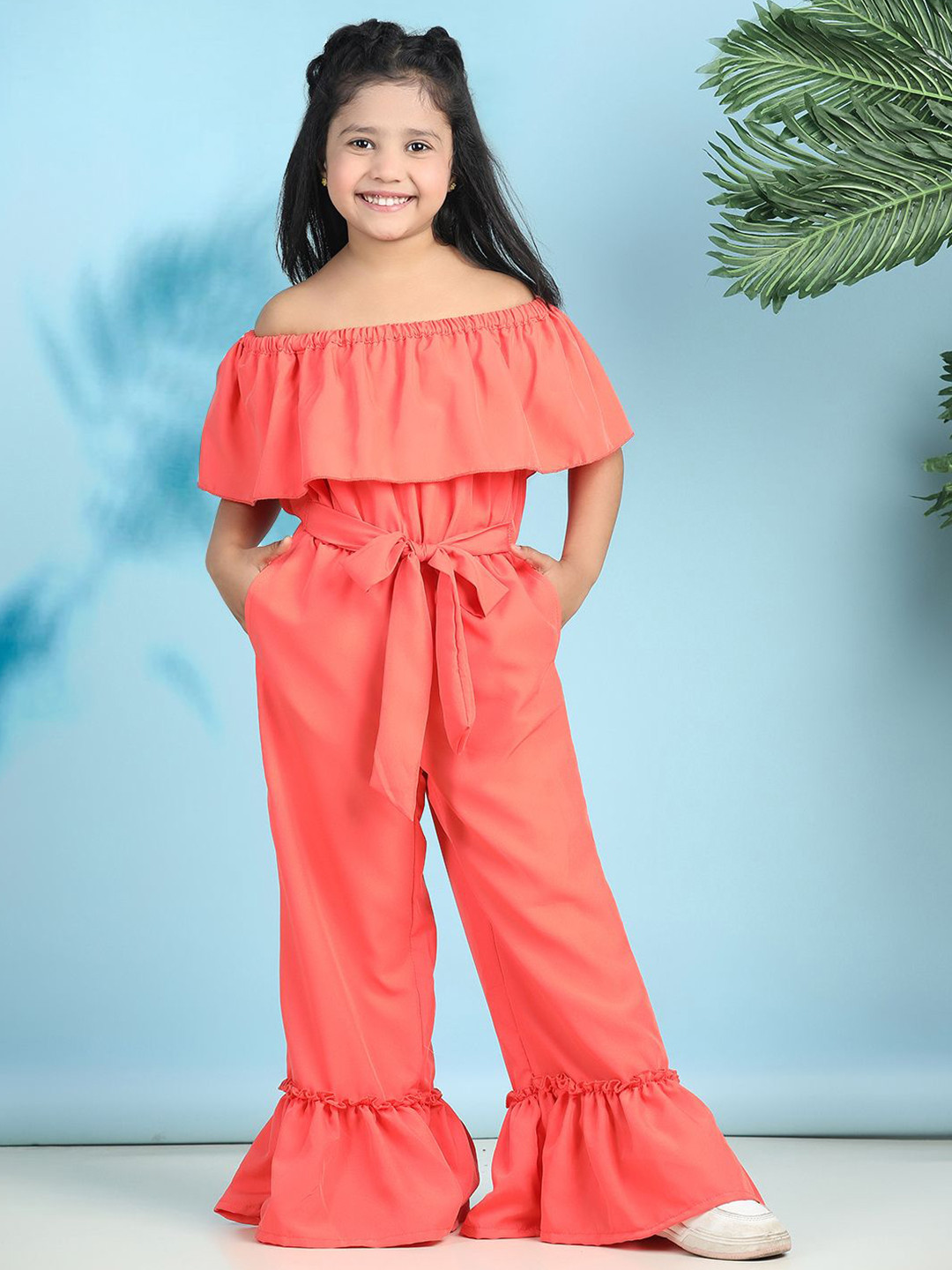 

Cutiekins Girls Off-Shoulder Basic Jumpsuit, Coral