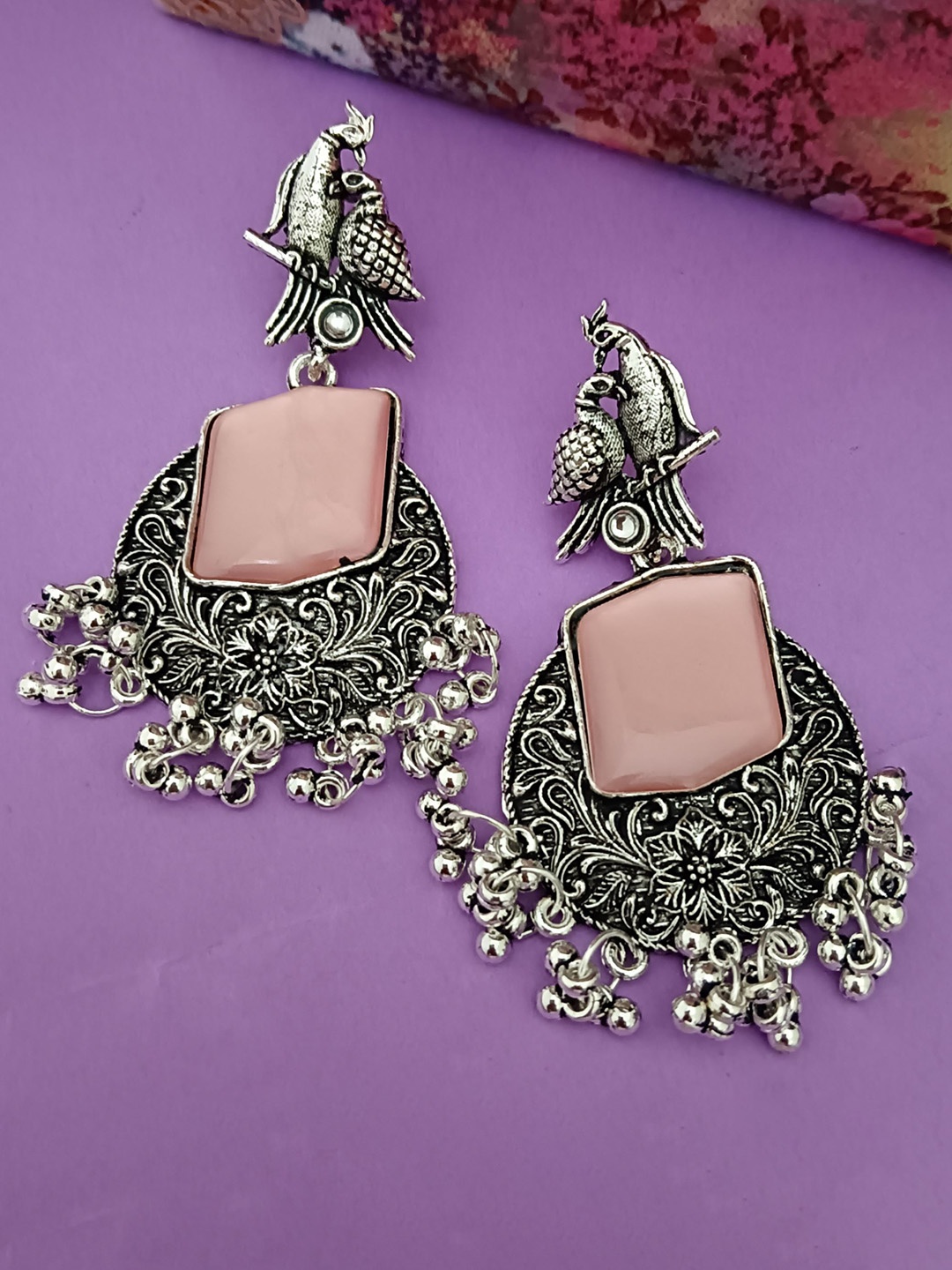 

EVY Monalisa Silver-Plated CZ Stones Studded Contemporary Shaped Oxidized Drop Earrings, Pink