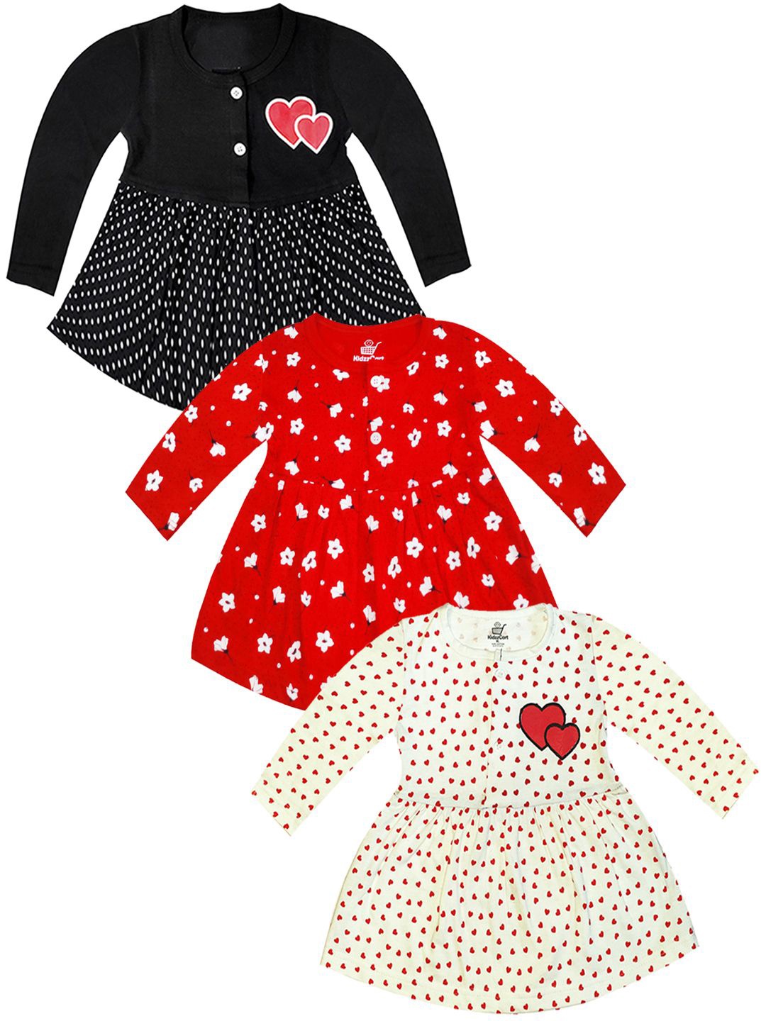 

KidzzCart Girls Pack Of 3 Polka Dot Printed Cotton Fit & Flare Dress, Black