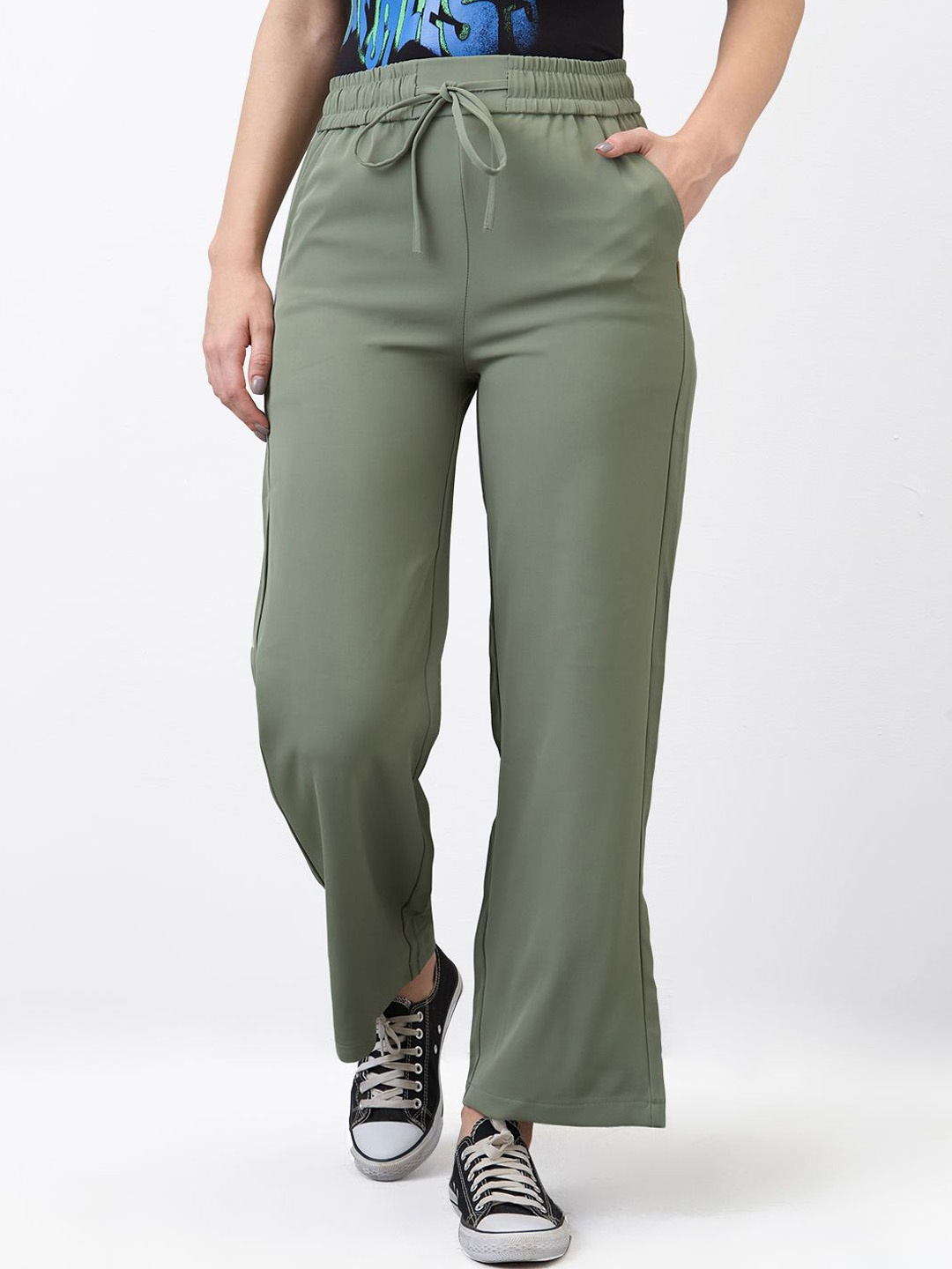 

SPYKAR Women Flared High-Rise Wide Leg Trousers, Olive