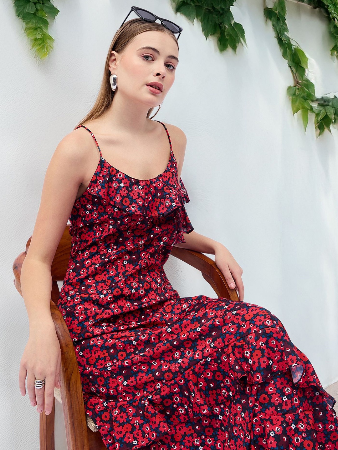 

all about you Shoulder Straps Floral Printed Ruffles A-Line Midi Dress, Red