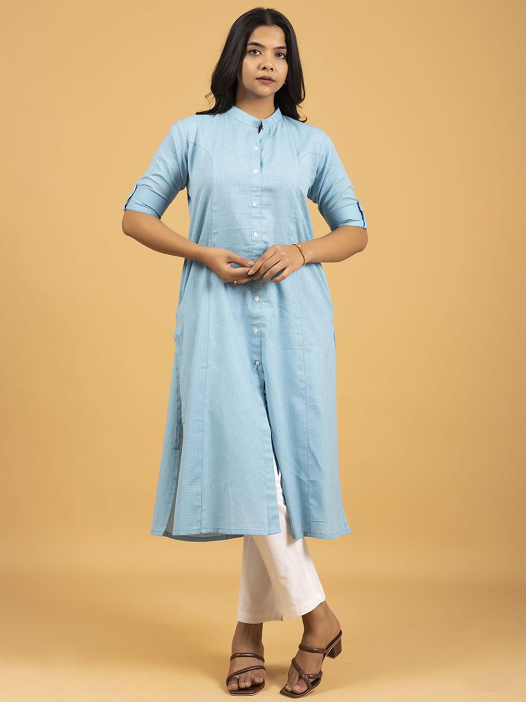 

SPARSA Mandarin Collar Pure Cotton Straight Kurtas, Blue