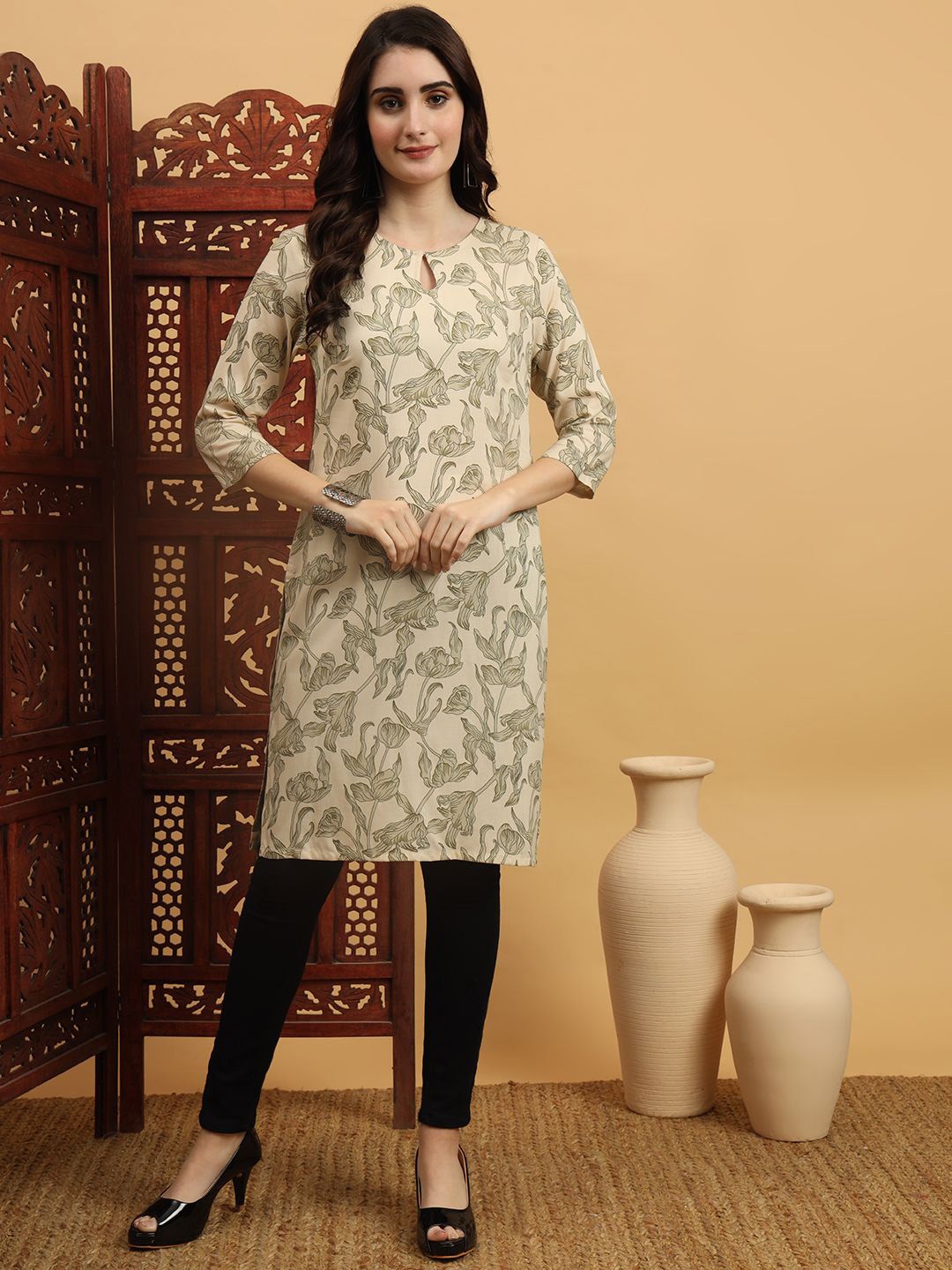 

Anouk Rustic Women Floral Printed Keyhole Neck Floral Kurta, Cream