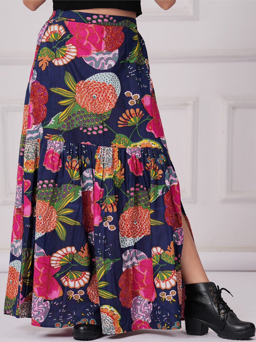 

UT Venero Digital Floral Printed Cotton Flared Maxi Skirt, Navy blue