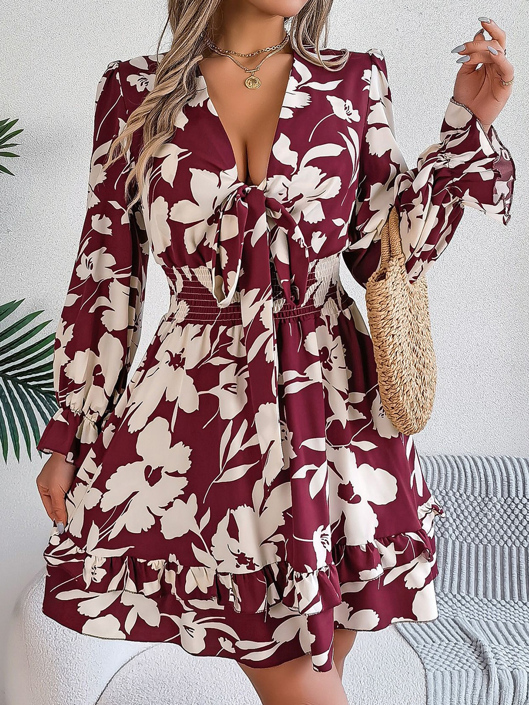 

StyleCast x Revolte Floral Print Chiffon Fit & Flare Mini Dress, Maroon