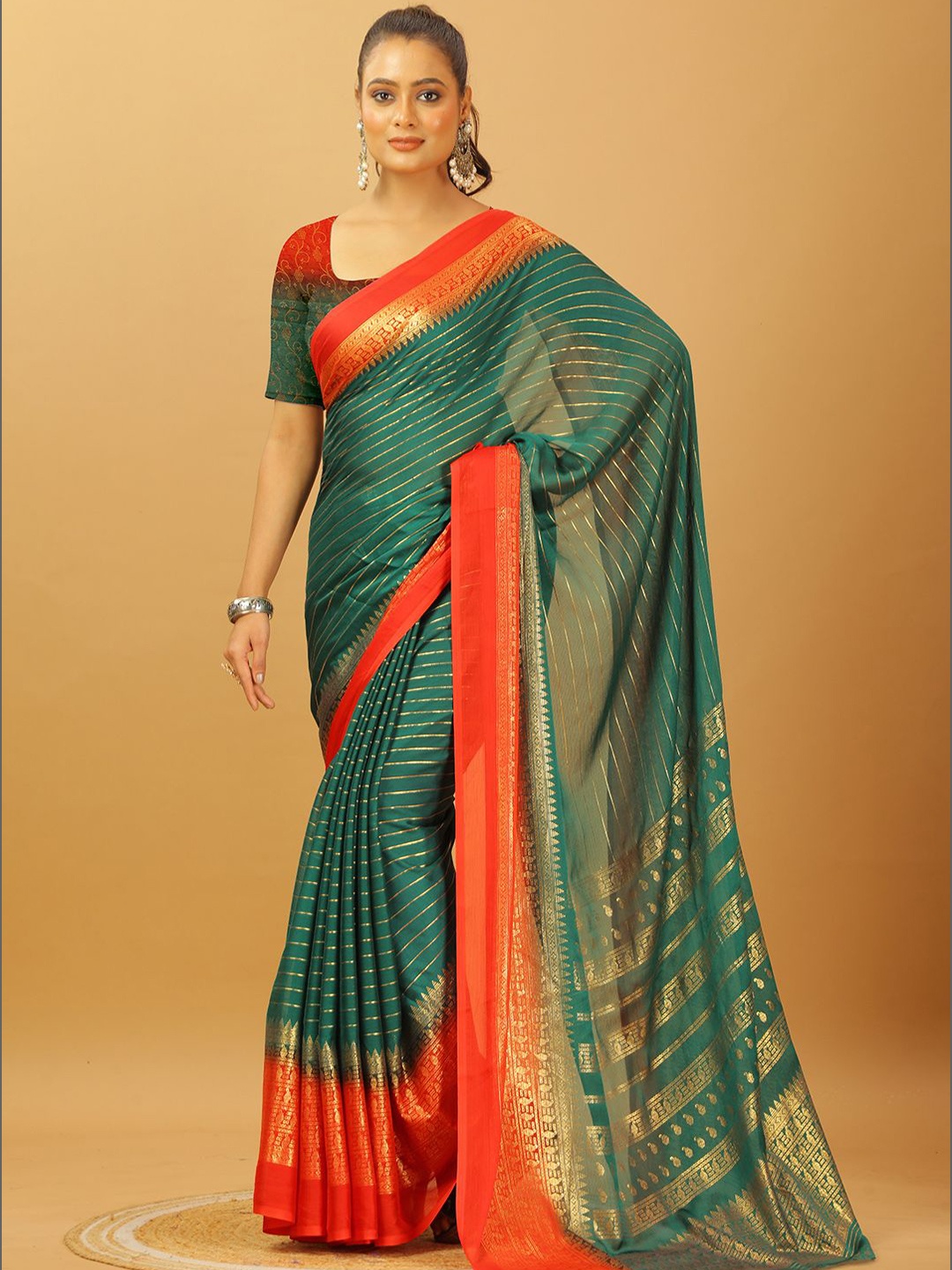 

NIRMAL CREATION Woven Design Striped Pure Crepe Saree, Green