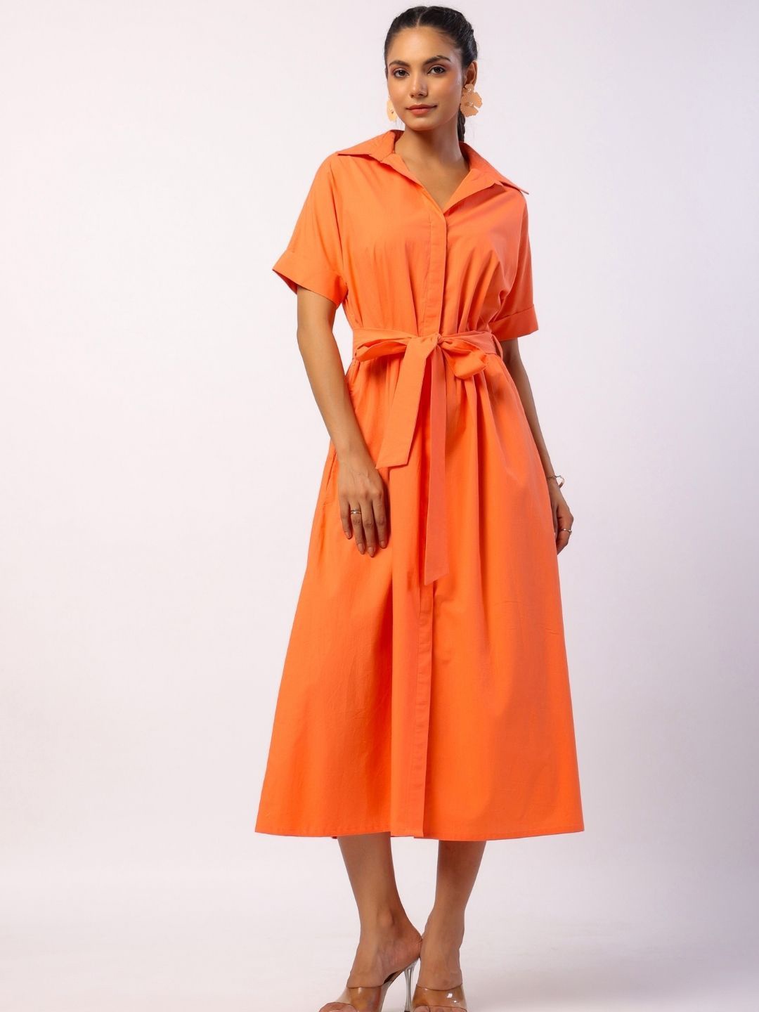 

JAIPURRANG Women Shirt Collar Cotton Shirt Midi Dress, Orange