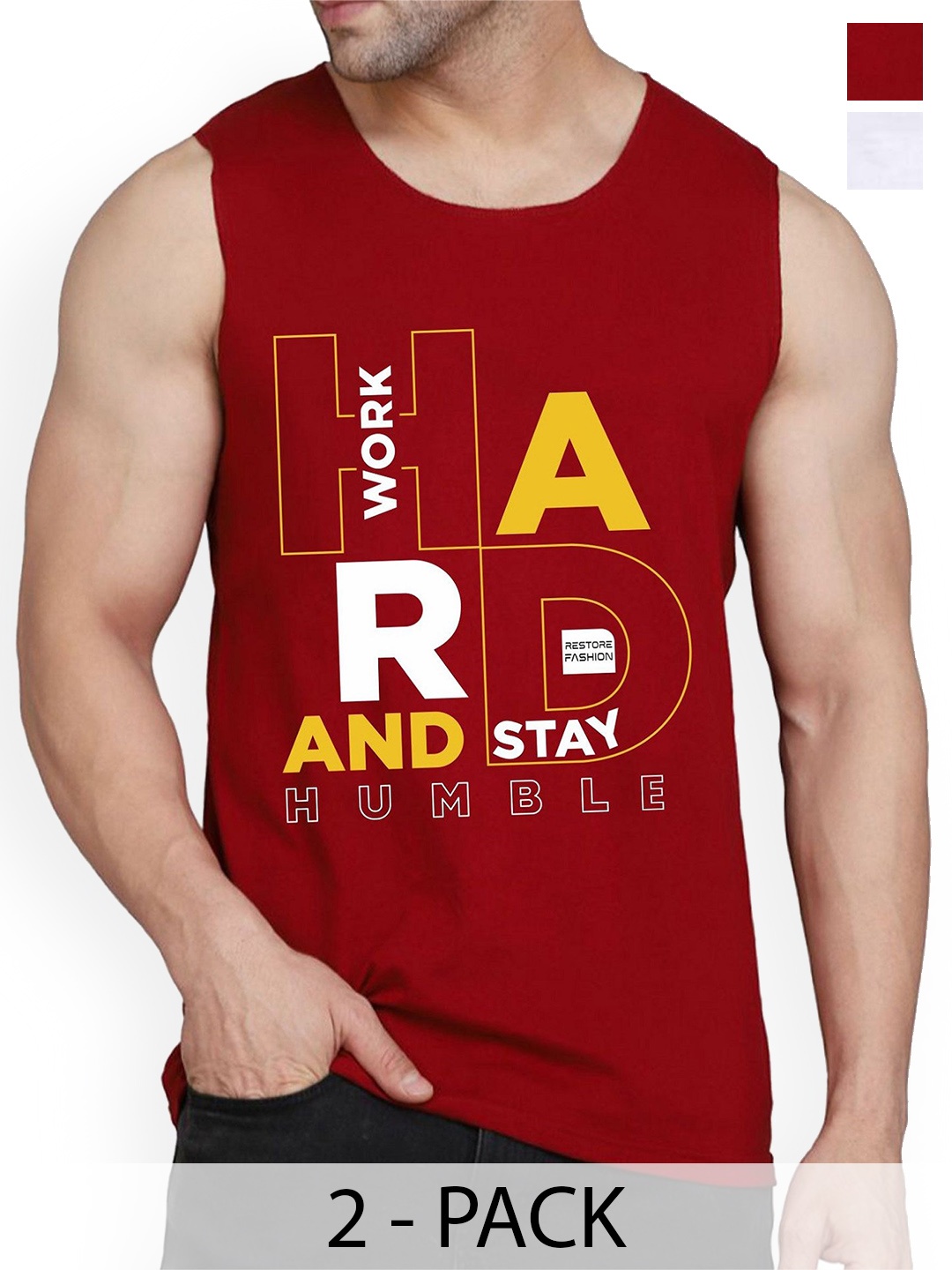 

Woostro Pack Of 2 Printed Pure Combed Cotton Gym VestsRS26 CMB (MORE WHITE) (HARD MAROON)