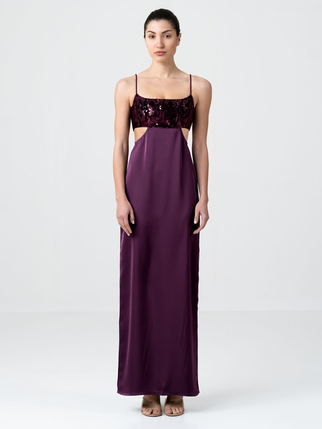 

SOTBELLA Embroidered Satin Maxi Dress, Purple