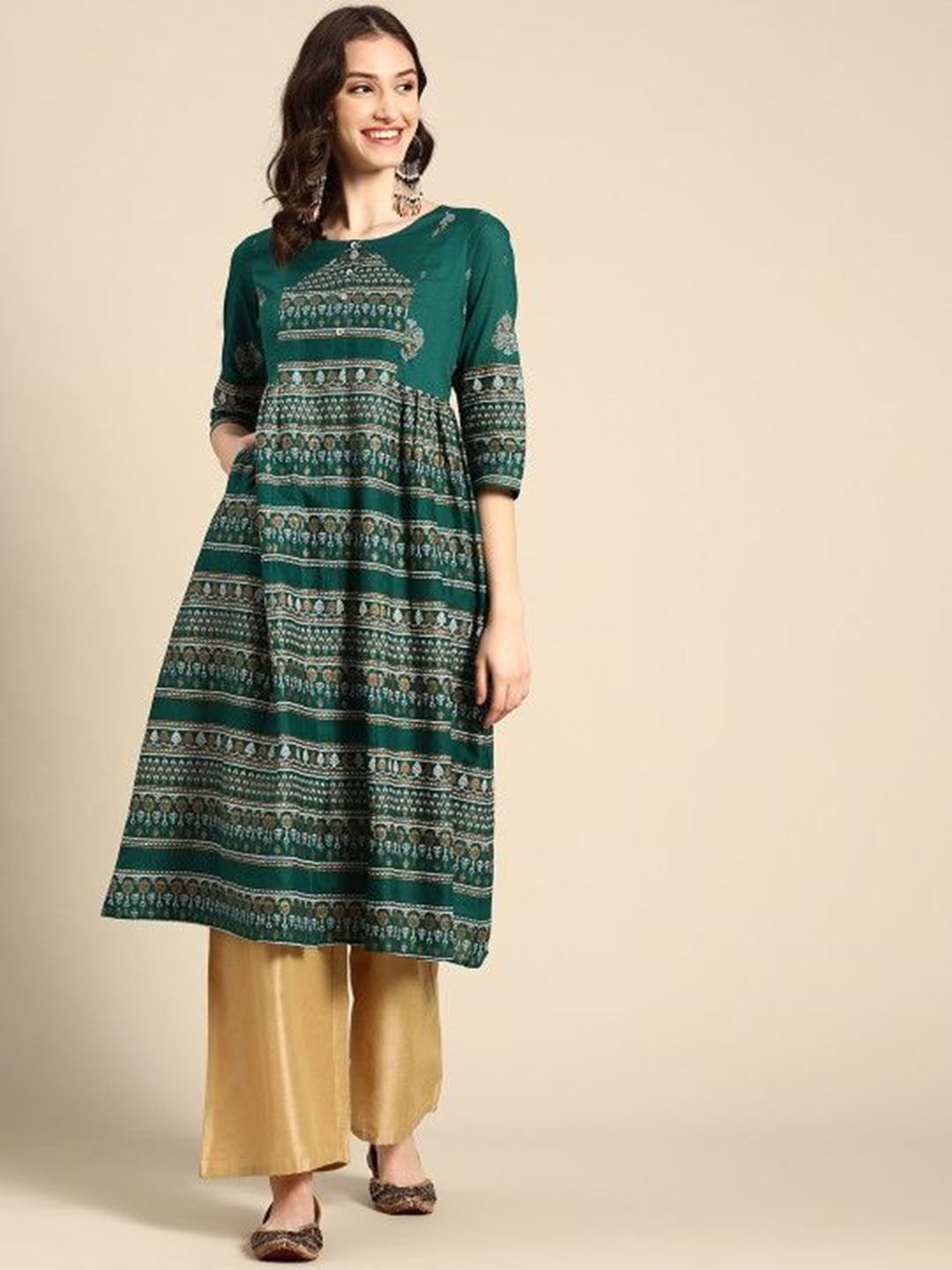 

Suha Ethnic Motifs Printed Pleated Round Neck Anarkali Kurta, Green