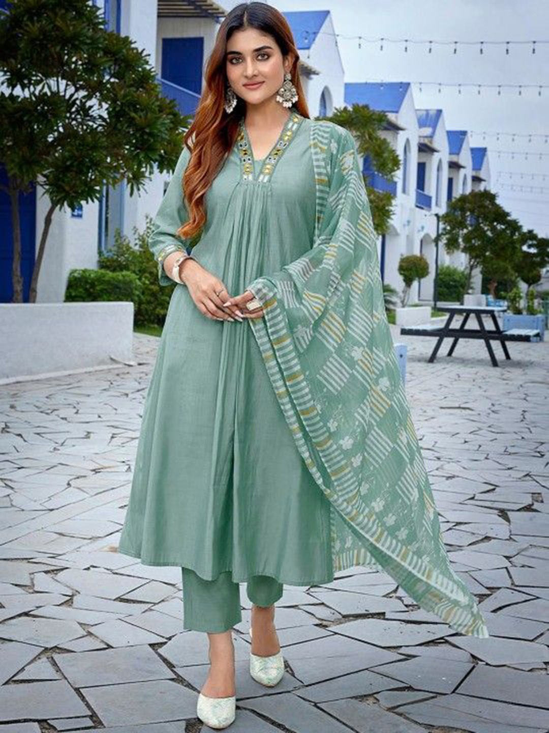 

Ariya Prints Women Yoke Design Pleated Mirror Work Kurta with Trousers & With Dupatta, Blue