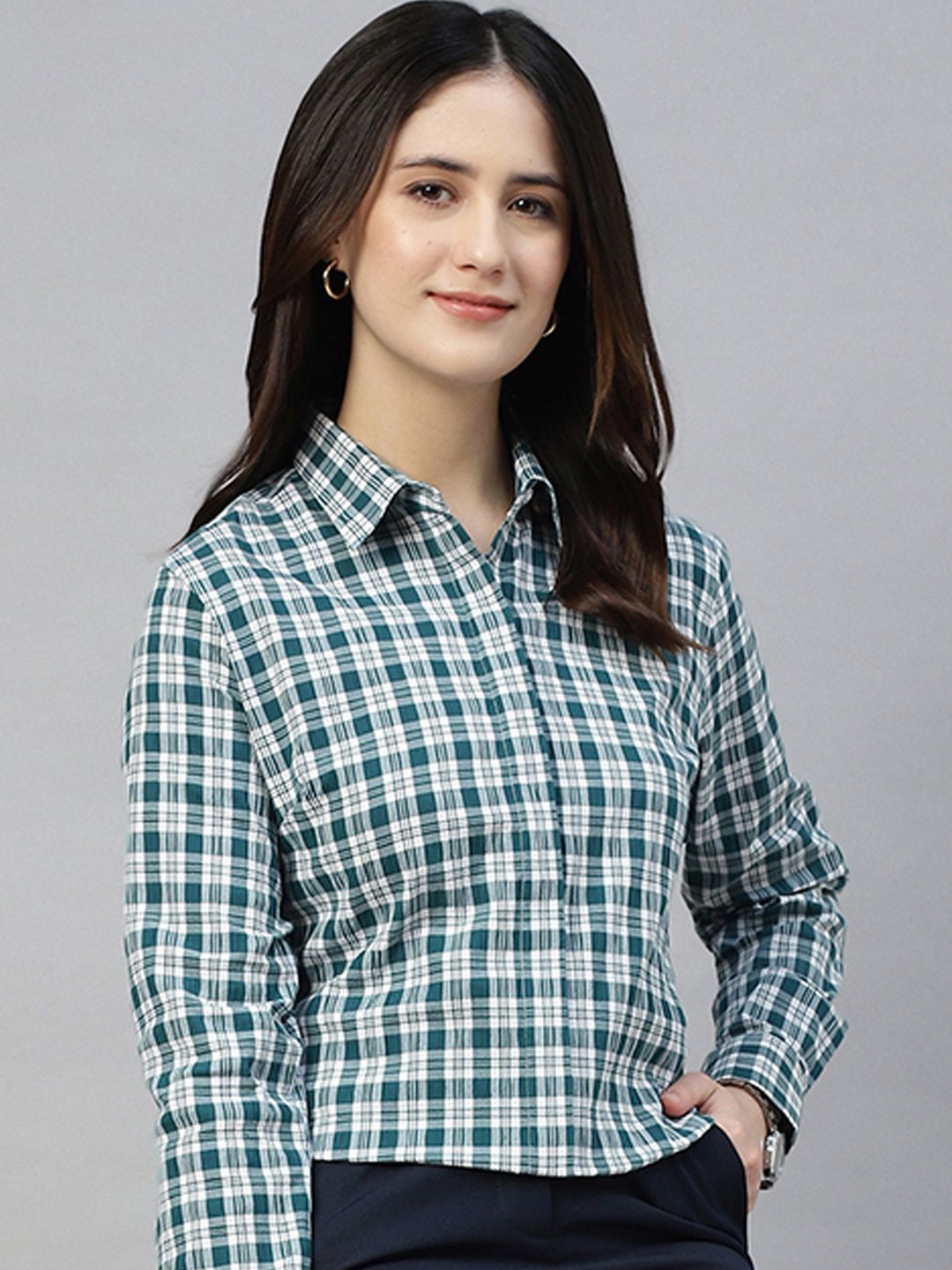 

Hancock Women Classic Fit Spread Collar Checked Cotton Formal Shirt, White