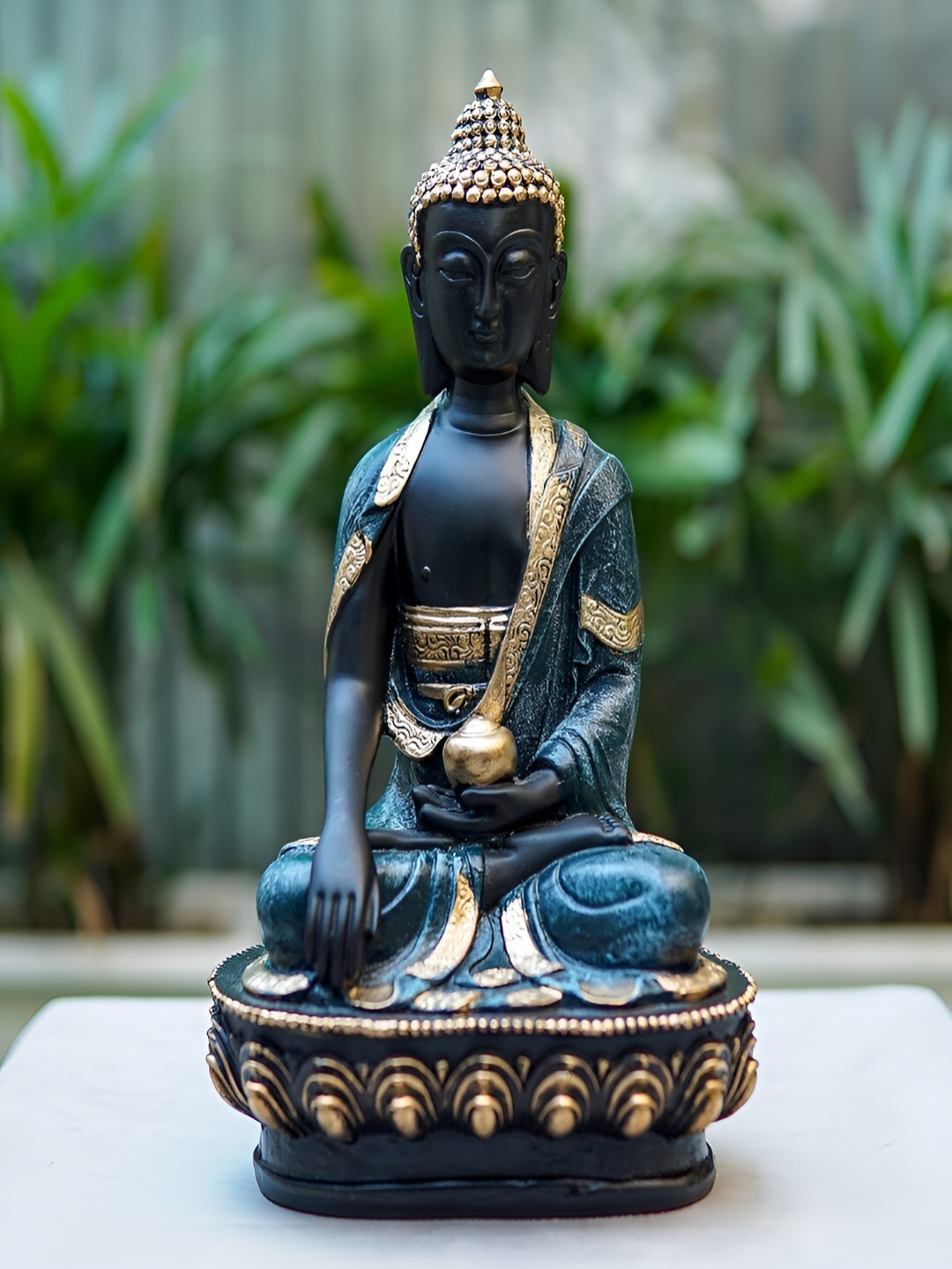 

Craftlayout Statue Green And Gold-Toned Lord Buddha Religious Idol Showpiece