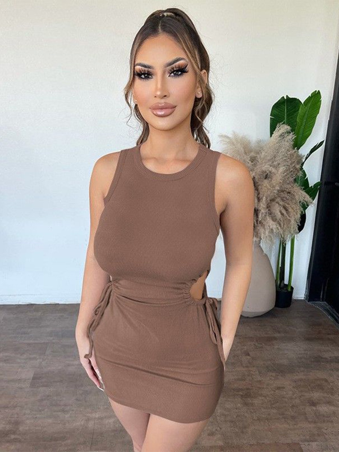 

StyleCast x Revolte Women Georgette Bodycon Mini Dress, Brown