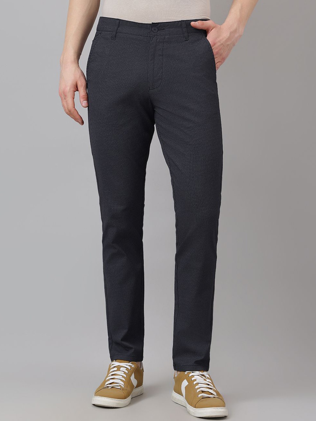 

Richlook Men Checked Printed Regular Fit Smart Cotton Trousers, Black