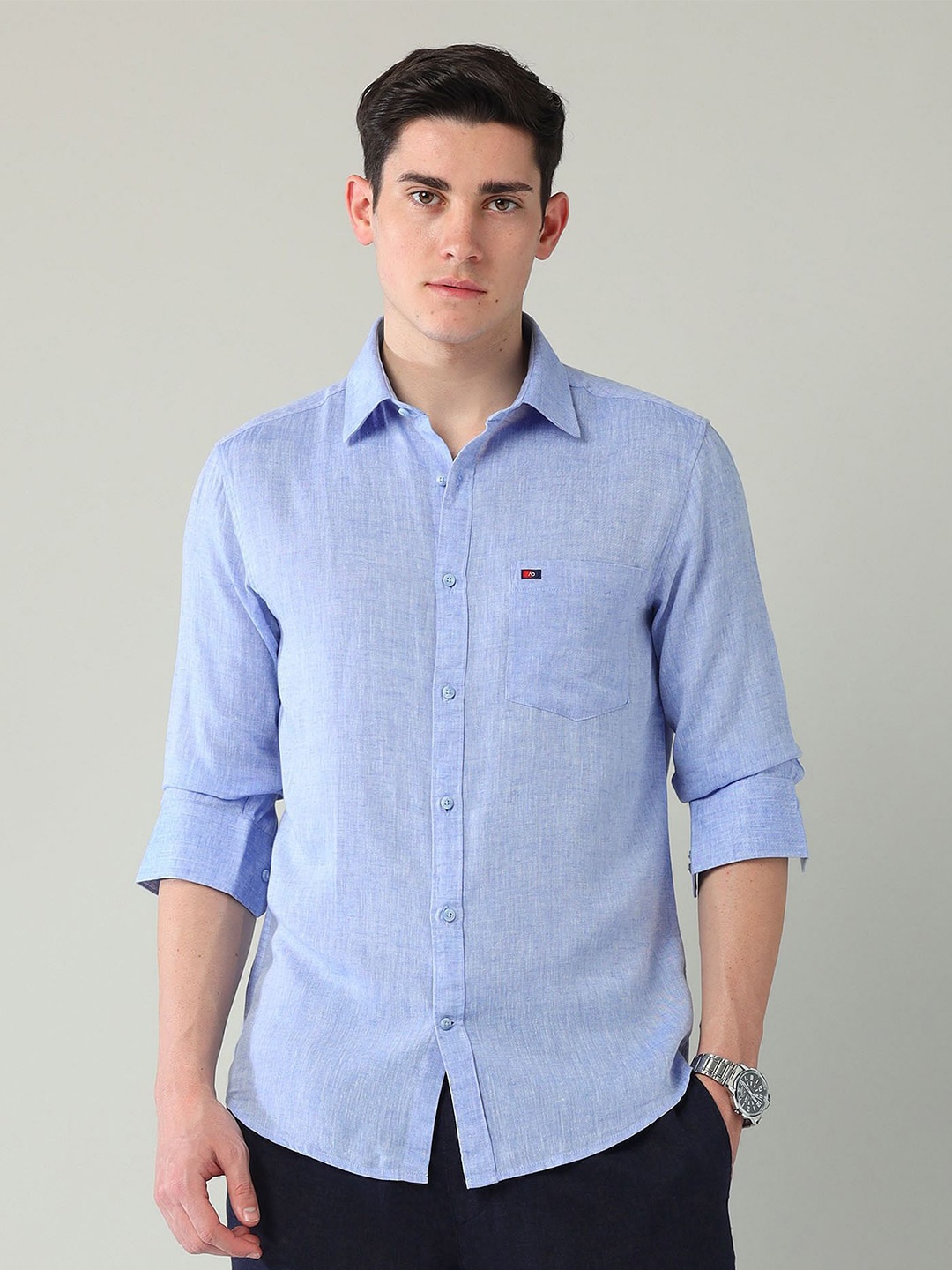 

AD By Arvind Men Slim Fit Spread Collar Solid Cotton Casual Shirt, Blue
