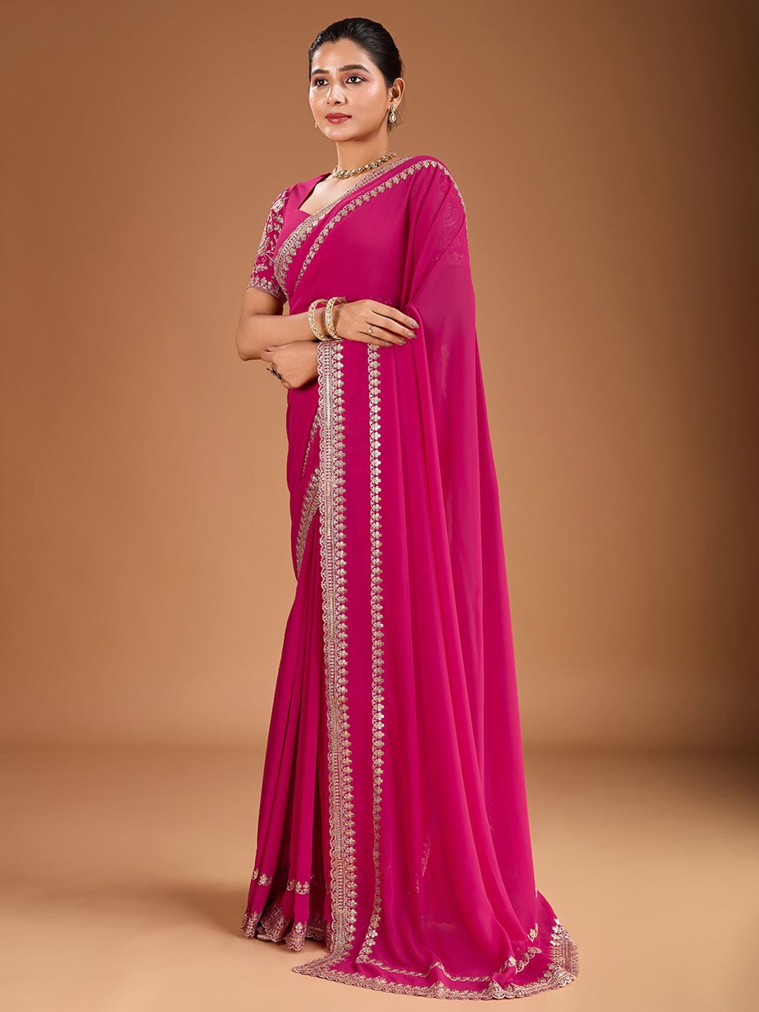 

House of Pataudi Embroiderd Sequinned Saree, Magenta