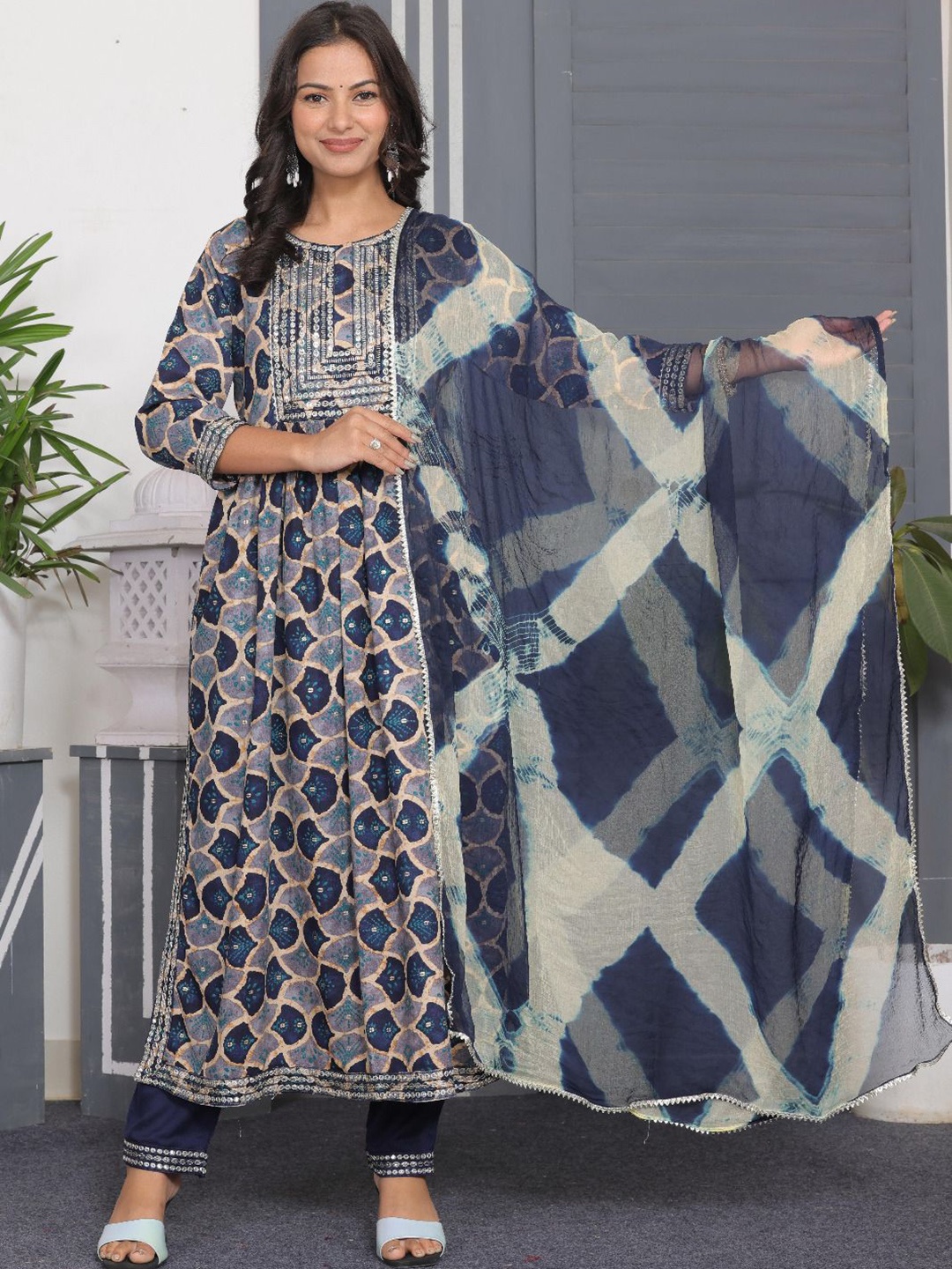 

KALINI Ethnic Motifs Printed Embroidered A-Line Straight Kurta With Trouser And Dupatta, Navy blue