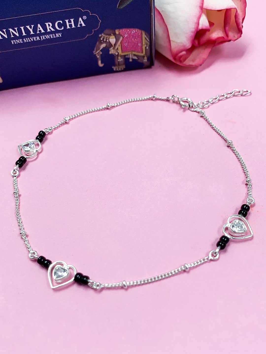 

Unniyarcha 92.5 Silver Stones Studded & Beaded Mangalsutra Heart-shaped anklet