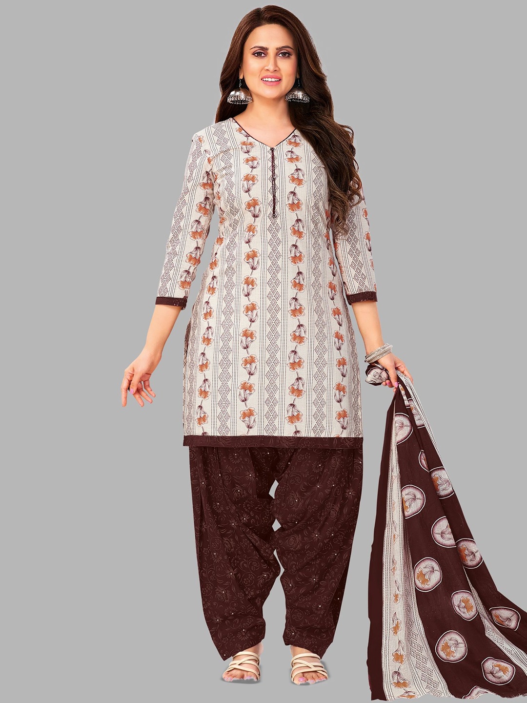 

Simmu Floral Printed Pure Cotton Unstitched Dress Material, White