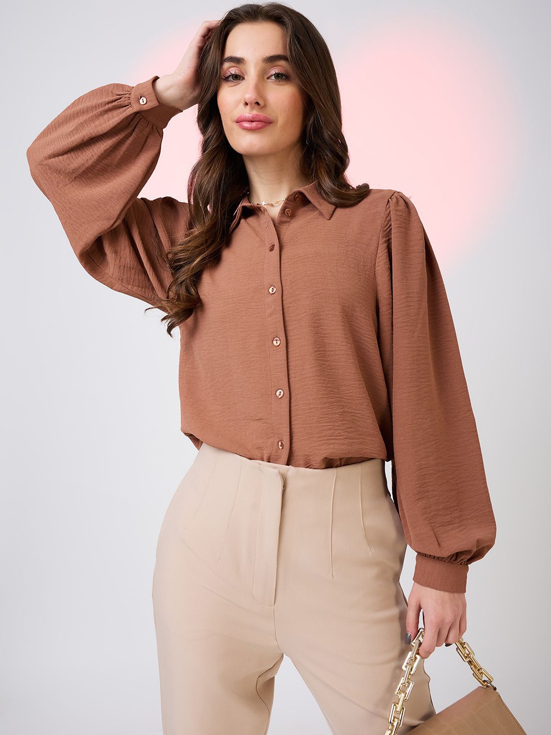 

Globus Collared Neck Cuffed Sleeves Shirt Style Work Wear Top, Brown