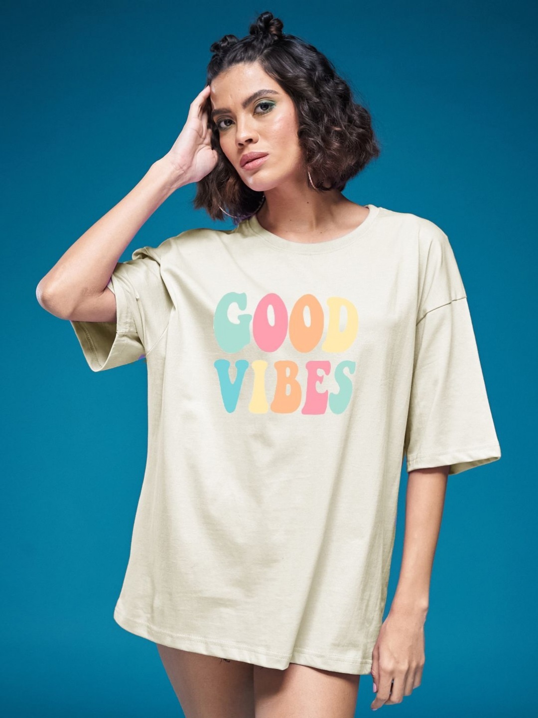 

SMARTEES Women Typography Printed Round Neck Cotton Oversized T-shirt, Beige
