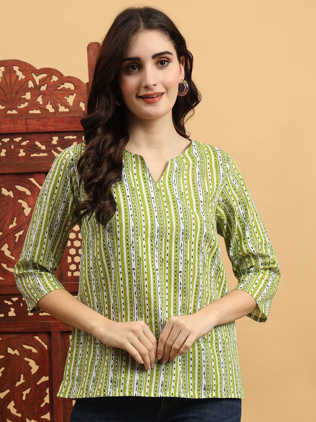 

Anouk Rustic Striped Pure Cotton Kurti, Green
