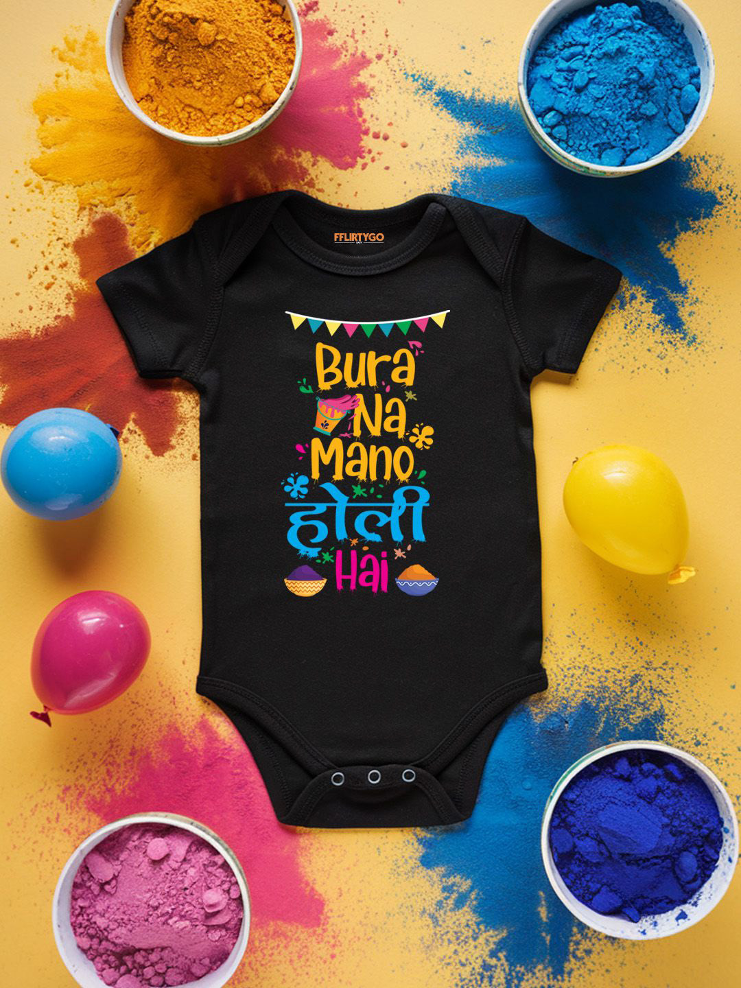 

FFLIRTYGO Infants Holi Printed Cotton Bodysuit, Black